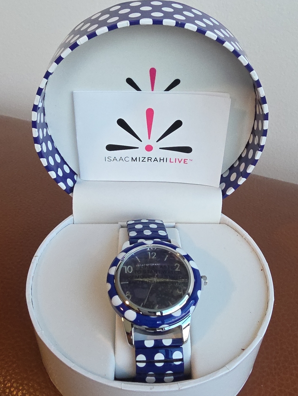 ISAAC MIZRAHI NEW Navy Polka Dot Stretch Band Women's Watch